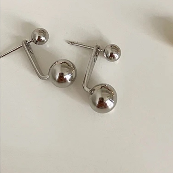 New Silver Ear Jacket Earrings with Double Ball - Picture 7 of 9